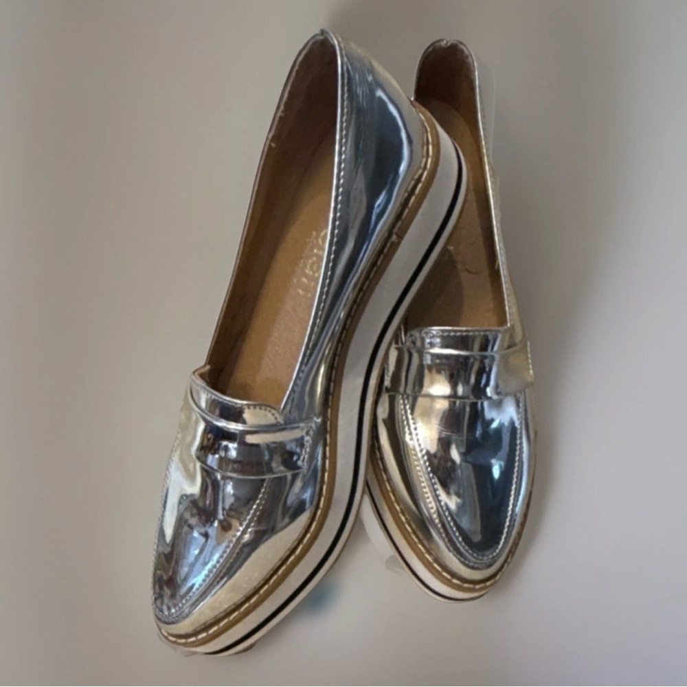Metallic Silver Platform Loafer Flats - Women's